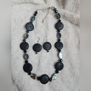 DONNA DRESSLER Lava Stone & Abalone shell Sterling Silver Necklace & Earring Set